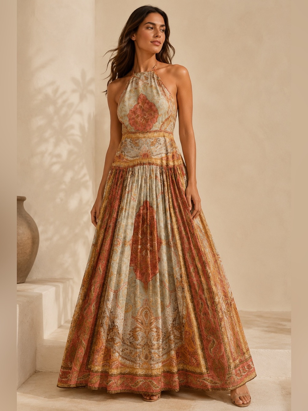 Zimmermann Boho Halter Maxi Dress in Rust & Cream